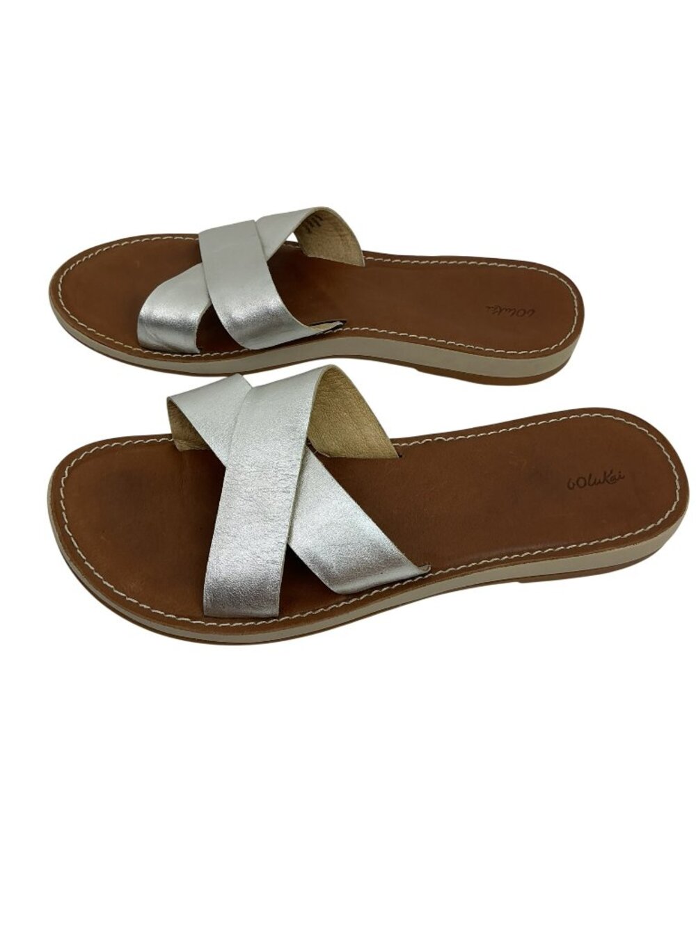 Olukai Ke’A Slide Leather Slide Criss-Cross Sandals Womens 9 Silver & Brown